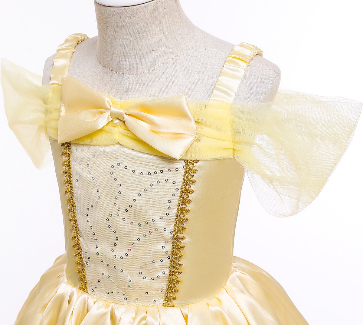 Joya Kids® Gele Verkleedjurk | Prinsessen Jurk | Prinses & het Beest verkleedkleding | (130) + kroon, Staf, Handschoenen, Ketting, Ring & Oorbellen | Sinterklaas kado cadeau meisje — afbeelding 12