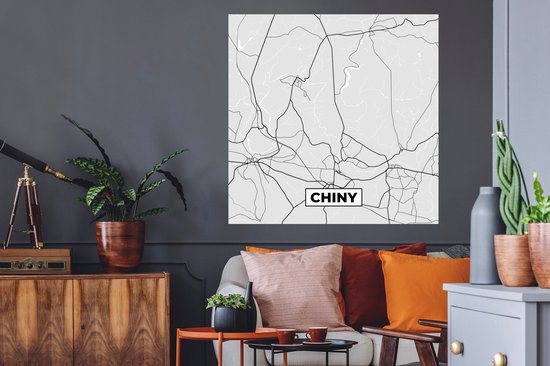 Muurstickers - Sticker Folie - België – Chiny – Stadskaart – Kaart – Zwart Wit – Plattegrond - 100x100 cm - Plakfolie - Muurstickers Kinderkamer - Zelfklevend Behang XXL - Zelfklevend behangpapier - Stickerfolie