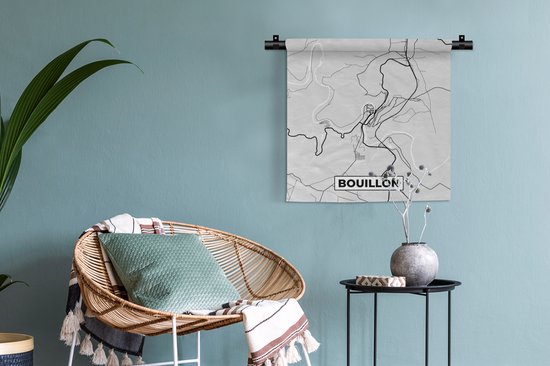 Wandkleed - Wanddoek - Zwart Wit – België – Plattegrond – Stadskaart – Kaart – Bouillon - 60x60 cm - Wandtapijt