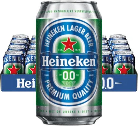 Blik Heineken 0.0 met groen en blauw label, in een krat met 24 blikken.