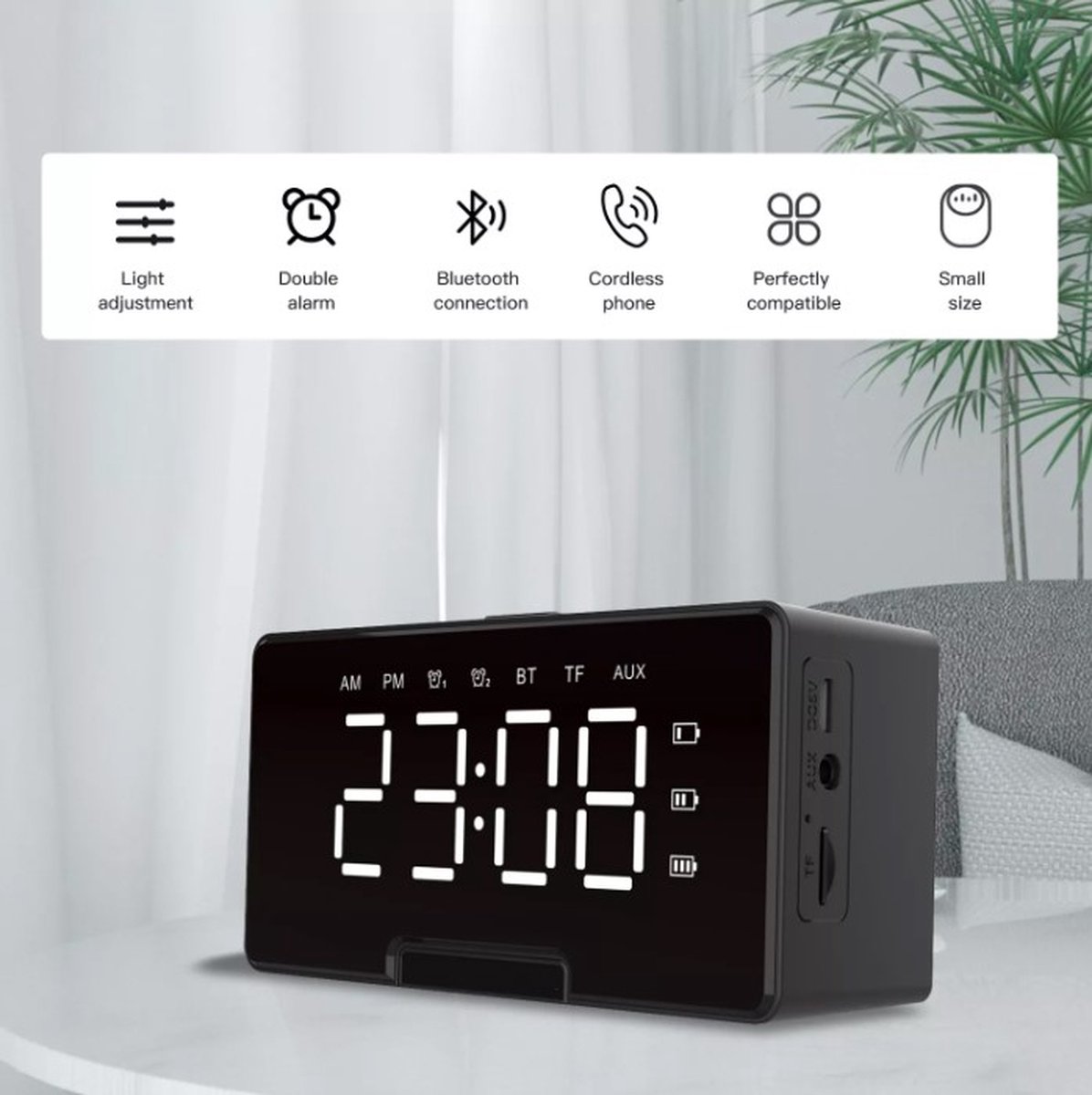 ANG Bluetooth speaker wekker Bluetooth speaker wekker Wekker Bluetooth Zwart