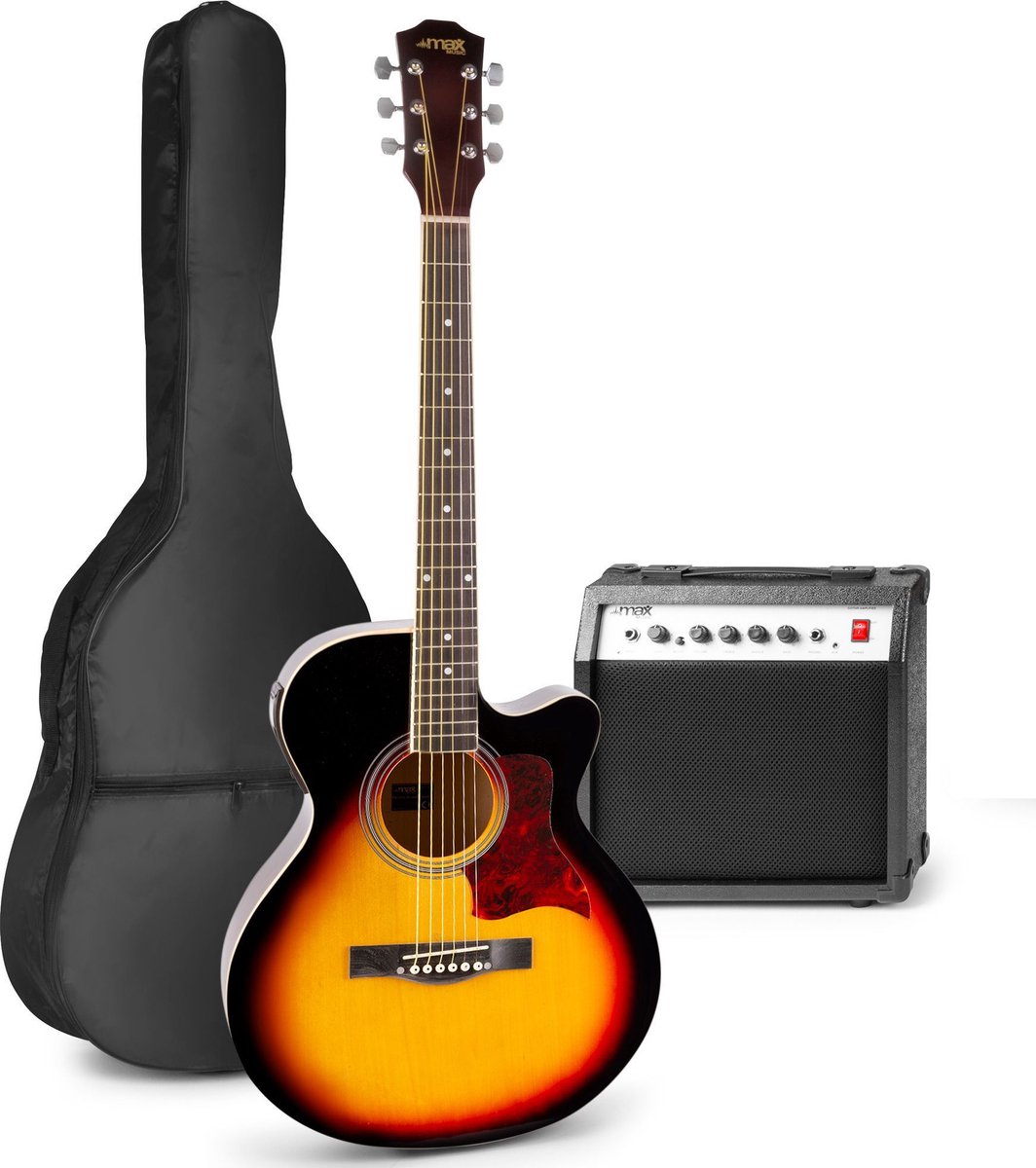 MAX ShowKit Guitare Électrique Acoustique avec Support de Guitare et  Repose-Pied - Bois