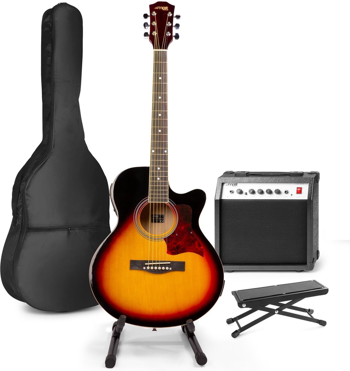 Elektrisch akoestische gitaar - MAX ShowKit gitaarset met 40W gitaar versterker, gitaar standaard, gitaar voetenbankje, gitaar stemapparaat, gitaartas en plectrum - Sunburst