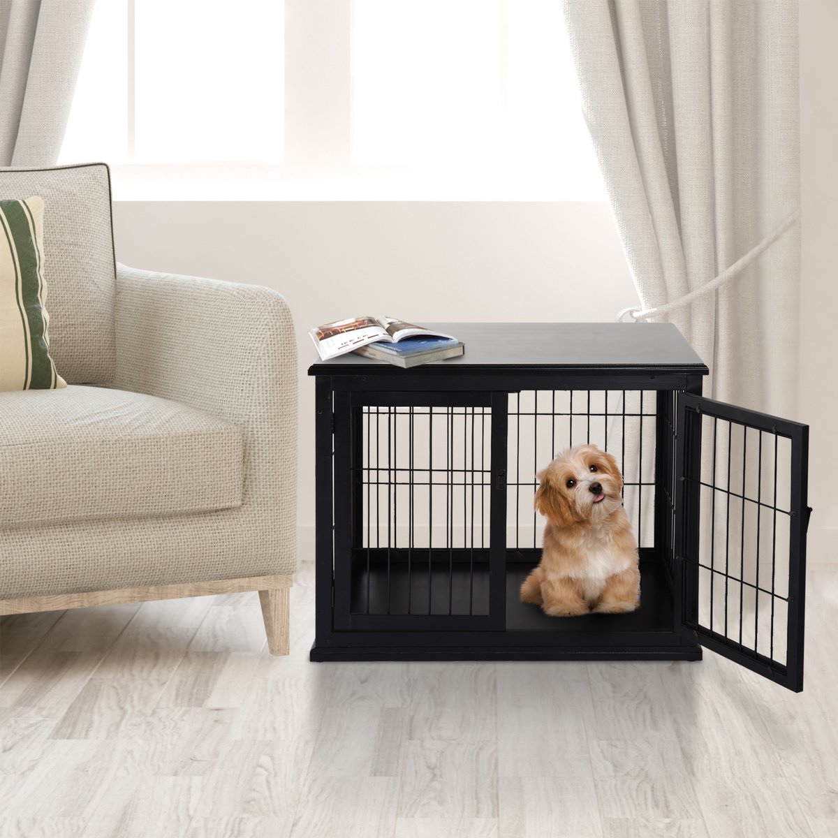 PawHut hondenkooi, dierenkooi met tafelblad, hondenhok, kennel, voor binnengebruik, zwart