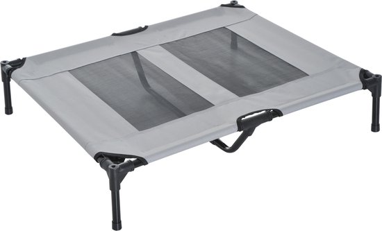 PawHut hondenmand met luifel, verhoogde hondenmand, hondenmand met dak, ademend, taft-stof grijs 122 x 92 x 108 cm