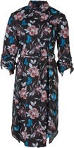 Dames jurk 3/4 mouwen met kraag, knopen, strik-ceintuur  met bloemenprint -  zwart/blauw | Maat L