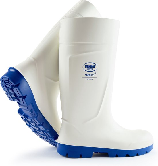 Witte Bekina Steplite EasyGrip laarzen met blauwe zool en profiel.