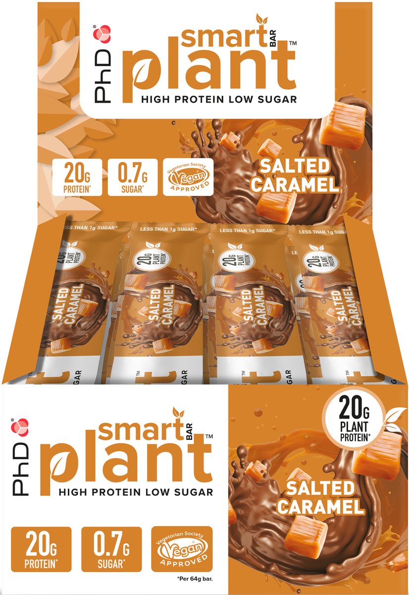 Goedkoopste PhD Vegan Protein - Smart bar Plant Improved - Salted Caramel (12x64g