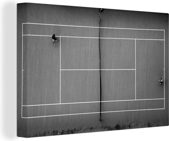 Canvas schilderij 150x100 cm - Wanddecoratie Twee tennisspelers die een potje tennis spelen - zwart wit - Muurdecoratie woonkamer - Slaapkamer decoratie - Kamer accessoires - Schilderijen