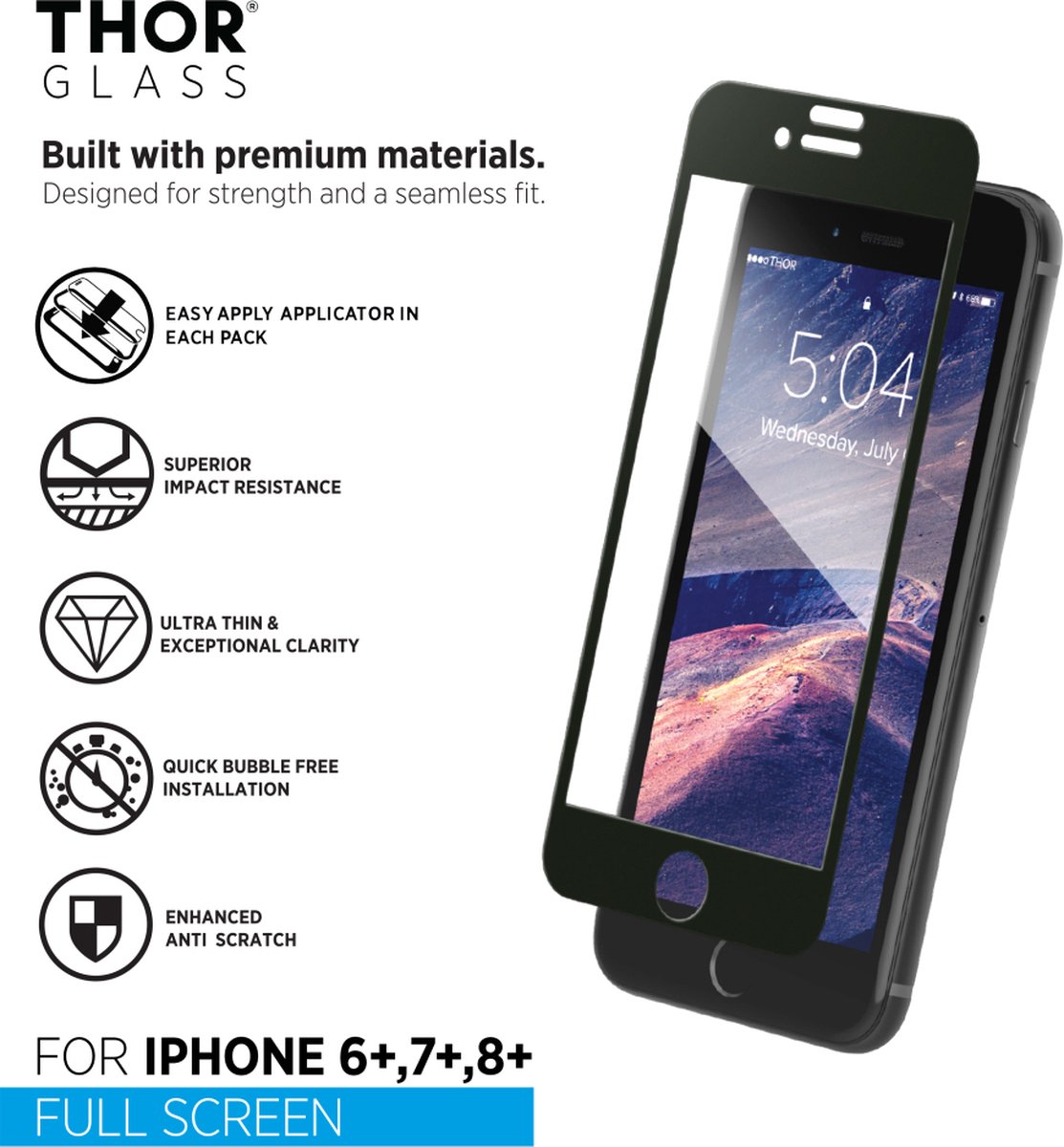 THOR Gehard Glas Ultra-Clear Screenprotector voor Apple iPhone 6 Plus - Zwart