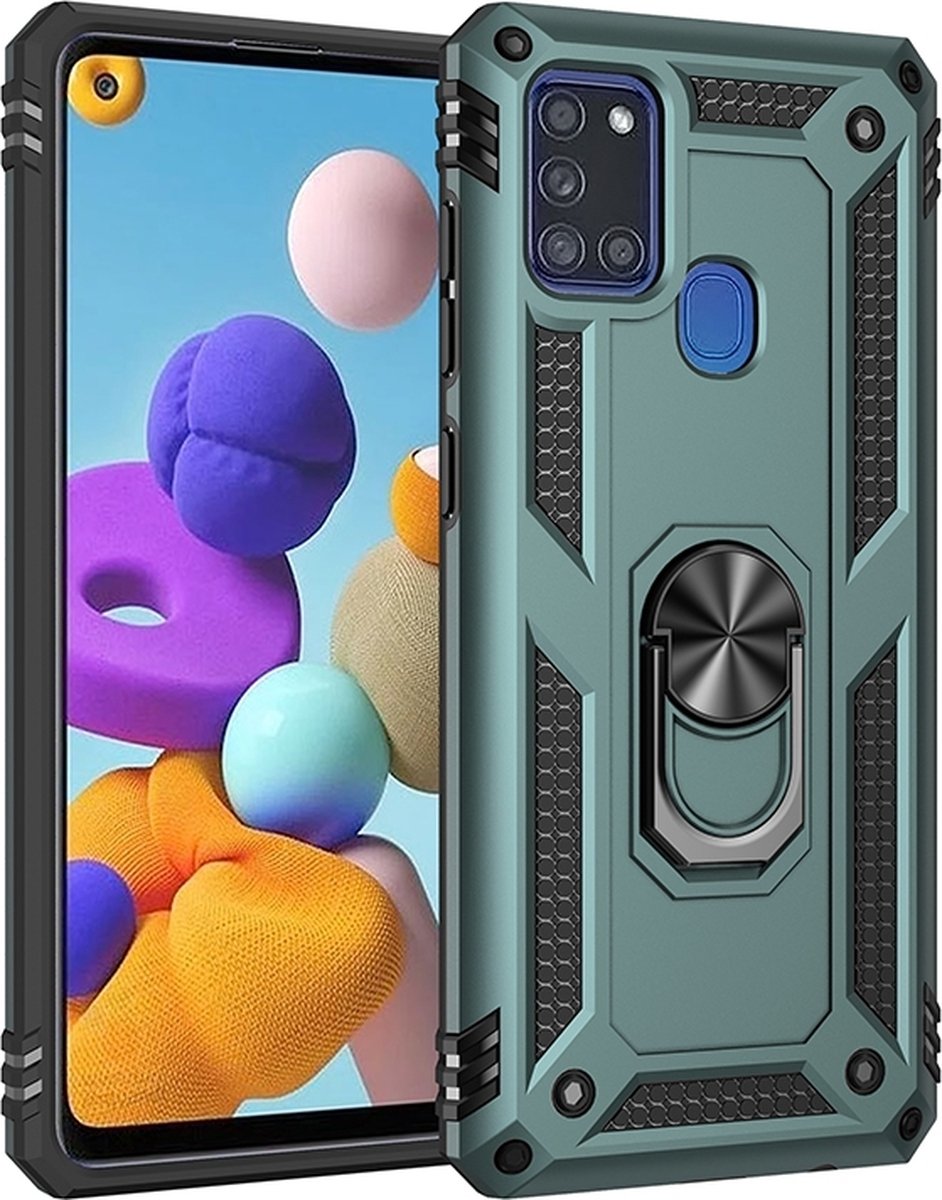 Mobigear Hoesje geschikt voor Samsung Galaxy A21s Telefoonhoesje Hardcase | Mobigear Armor Ring Backcover Shockproof met Ringhouder | Schokbestendig Galaxy A21s Telefoonhoesje | Anti Shock Proof - Groen