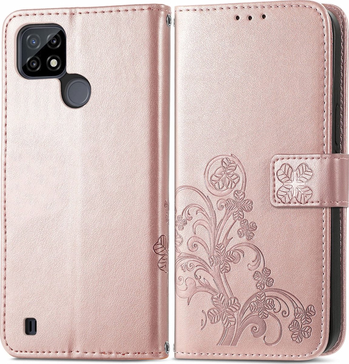 Mobigear Telefoonhoesje geschikt voor Realme C25Y Hoesje | Mobigear Clover Bookcase Portemonnee | Pasjeshouder voor 3 Pasjes | Telefoonhoesje voor Pinpas / OV Kaart / Rijbewijs - Roségoud