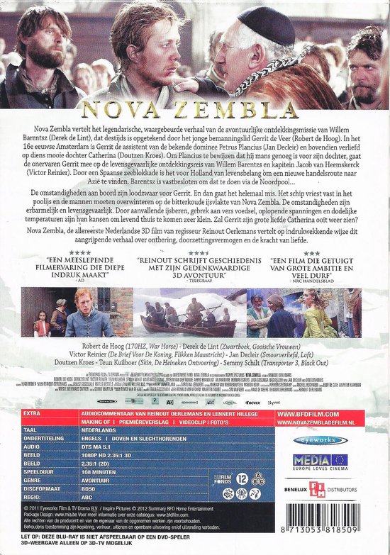 Achterkant van de Blu-ray hoes van Nova Zembla met filmdetails en recensies.