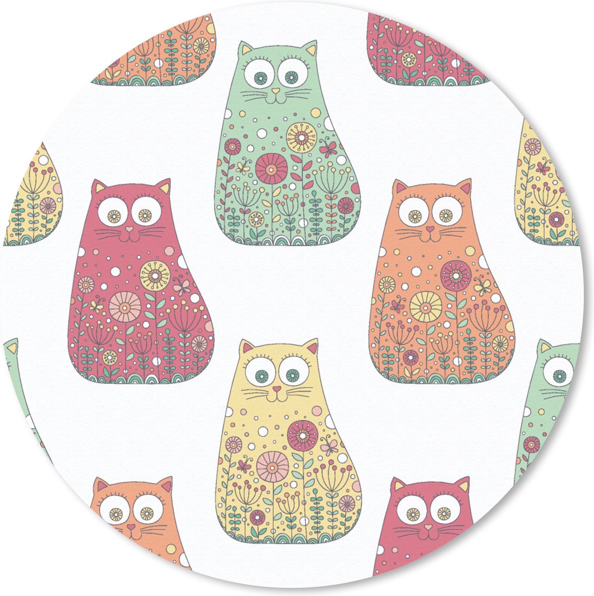Muismat rond 50x50 cm - Mousepad Meisjes - Kat - Bloemen - Patronen - Girl - Kids - Kinderen - Ronde muismatten
