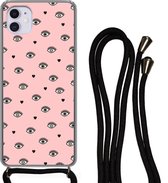 Hoesje met koord Geschikt voor iPhone 12 Mini - Meisje - Ogen - Roze - Patronen - Girl - Kids - Kinderen - Siliconen - Crossbody - Backcover met Koord - Telefoonhoesje met koord - Hoesje met touw