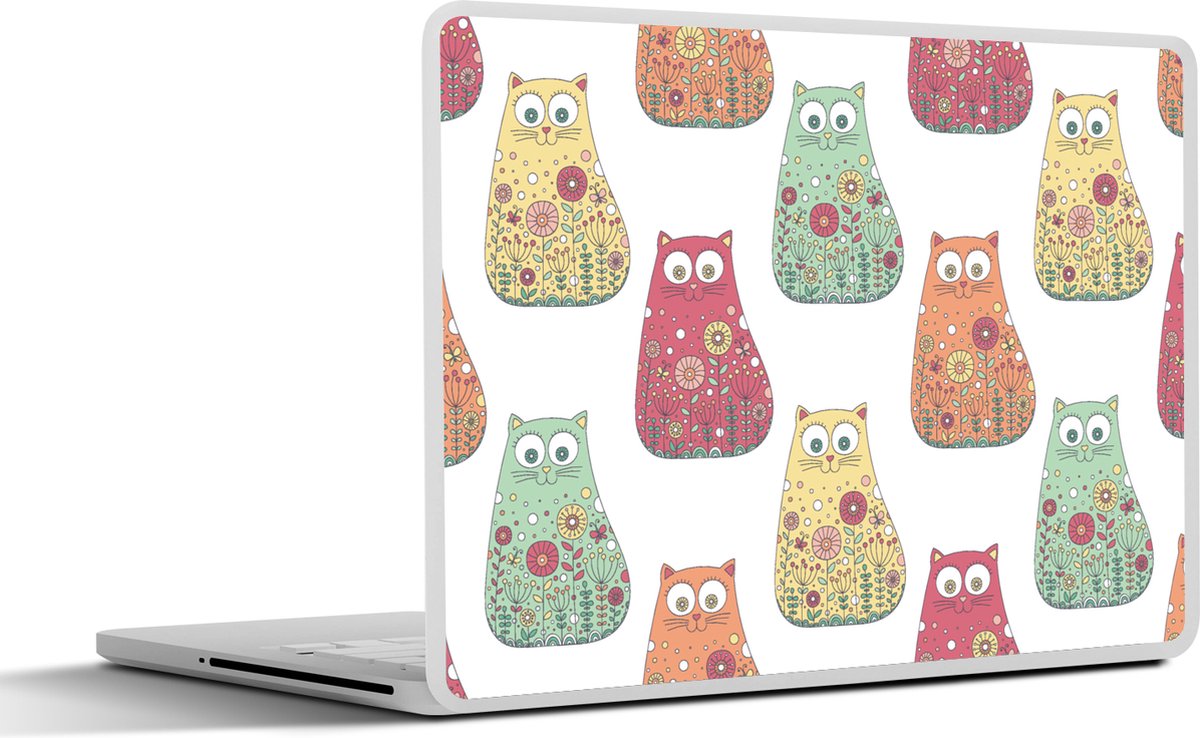 Laptop sticker - 13.3 inch - Meisjes - Kat - Bloemen - Patronen - Girl - Kids - Kinderen - 31x22,5cm - Laptopstickers - Laptop skin - Cover