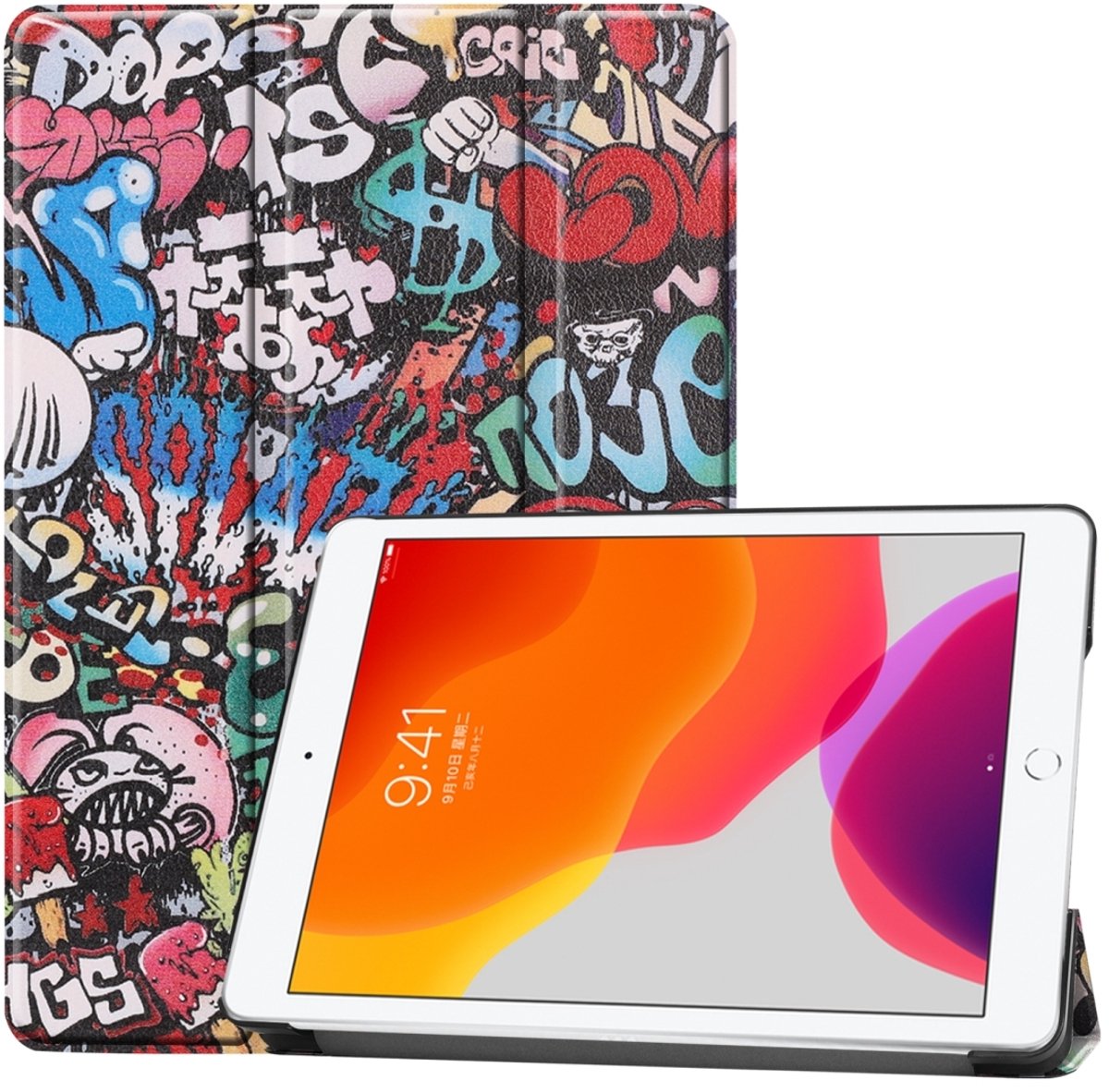 Mobigear Tablethoes geschikt voor Apple iPad 9 (2021) Hoes | Mobigear Tri-Fold Bookcase - Graffiti