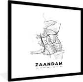 Fotolijst incl. Poster Zwart Wit- Stadskaart – Zwart Wit - Kaart – Zaandam – Nederland – Plattegrond - 40x40 cm - Posterlijst
