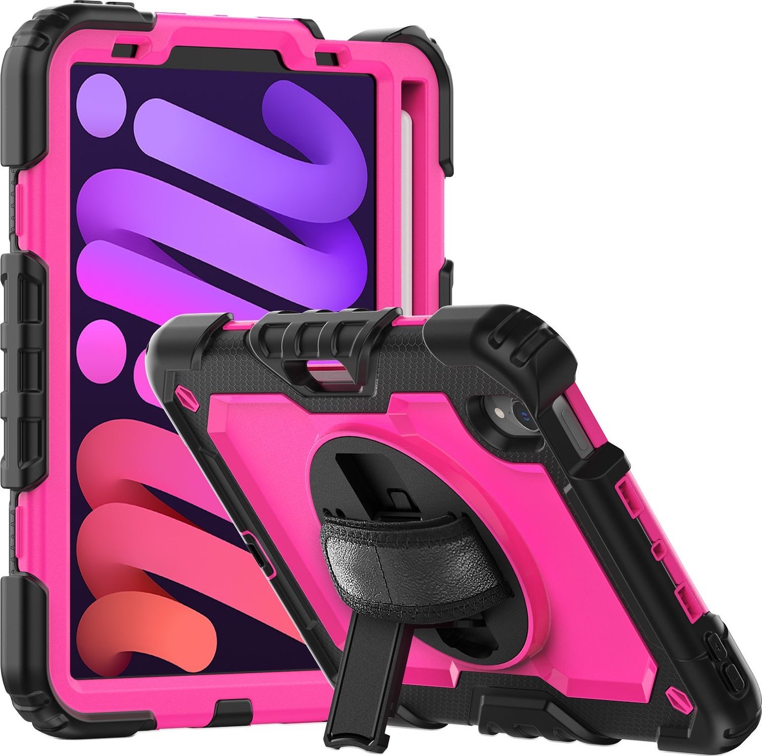 Mobigear SureGrip Xtreme - Tablethoes geschikt voor Apple iPad Mini 6 (2021) Hardcase Backcover + Stylus Houder + Schouderband + Standaard - Zwart / Roze