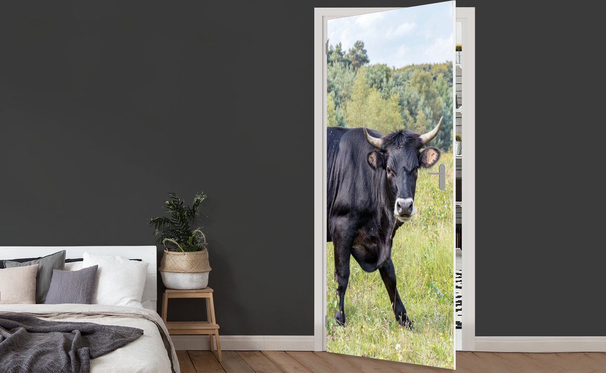 Afbeelding van product StickerSnake  Deursticker Grote zwarte stier in een veld - 80x205 cm - Deurposter
