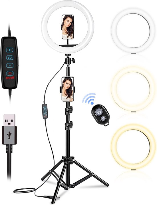 Seidon Ringlamp met Statief – Verstelbaar – Incl. Telefoonhouder, Microfoon & Bluetooth Afstandsbediening - TikTok Ring Lamp 26cm – Ringlampen USB – Selfie Ring Light