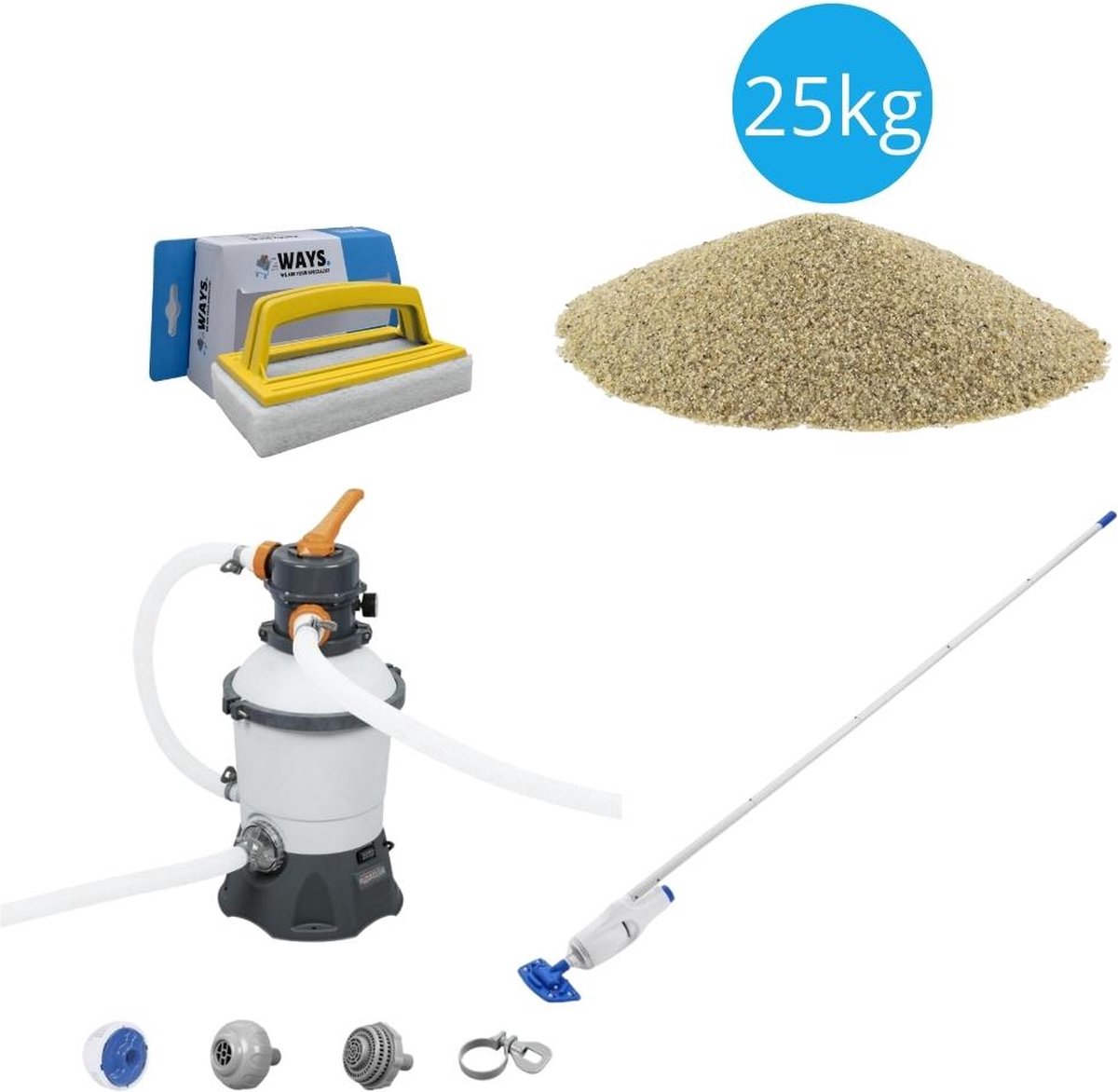 Bol.com Bestway - Zwembadstofzuiger AquaReach & Zandfilterpomp 3028 L/u & Filterzand 25 kg & WAYS Scrubborstel aanbieding