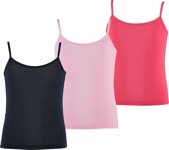 Apollo Meisjes Bamboe Singlet Hemden 3-Pack Blauw Roze Rood Spaghettibandjes Onderhemd - Maat  110/116