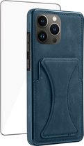 Geschikt voor iPhone 13 Pro Pasjes Houder Hoesje + Screenprotector – Gehard Glas Cover - Portemonnee Hoesje met Kickstand - Magnetisch - Blauw