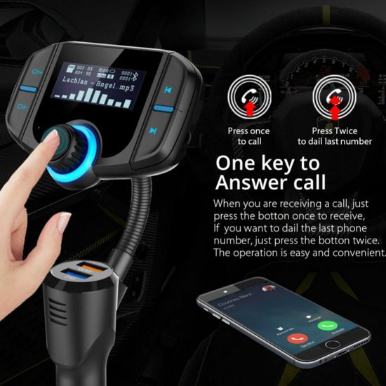 Illustratie van een hand die een blauw verlichte knop op een zwarte FM-zender indrukt, met telefoongesprek-icoontjes en een weergave van een oproep op een telefoon.