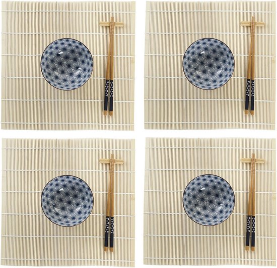 16delige sushi serveer set aardewerk voor 4 personen blauw/wit Sushi