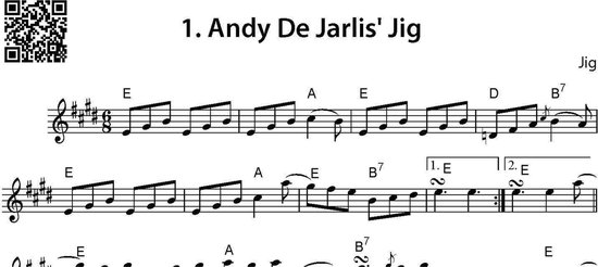Muziekblad met de titel '1. Andy De Jarlis' Jig' en bladmuziek.