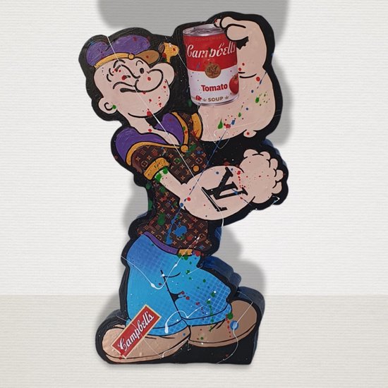 Kleurrijkekunst.com - Popartbeeld - Popeye vs Campbell's XL - Uniek handgemaakt voor binnen - h 44 cm