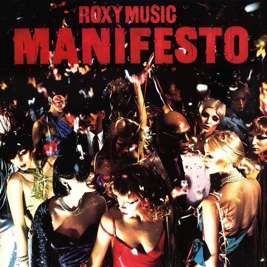 Roxy Music Manifesto albumhoes met feestende menigte en confetti.