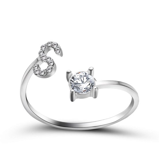 Ring met letter S - Ring met steen - Aanschuifring - Zilver kleurig - Ring Zilver dames - Cadeau voor vriendin - Vrouw - Sieraad meisje - Mooie ring tieners - Alfabet ring S - Ring met initiaal