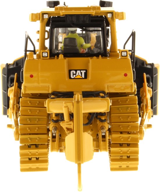 Vooraanzicht van gele CAT D9T bulldozer, getoond op witte achtergrond.