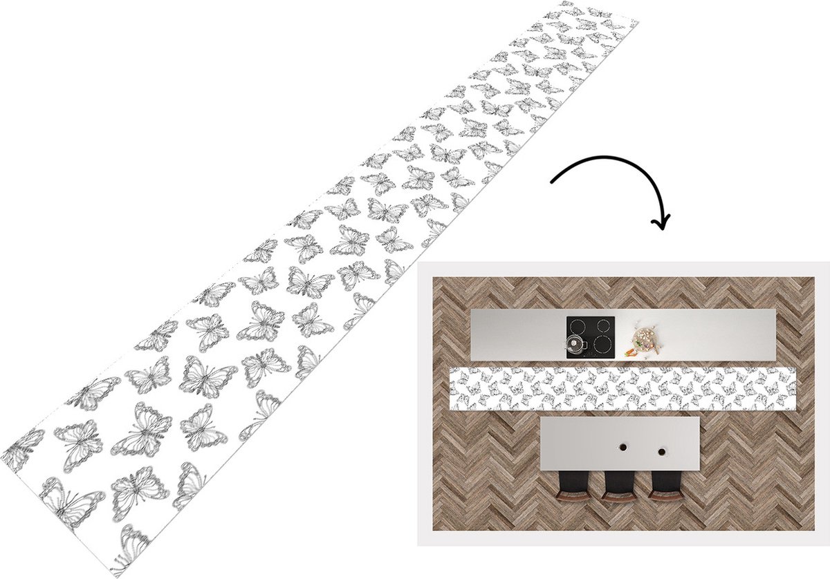KitchenYeah Keukenloper - Keukenmat - Vlinders - Patronen - Zwart Wit - 400x50 cm - Keuken vloerkleed Zwart; Wit