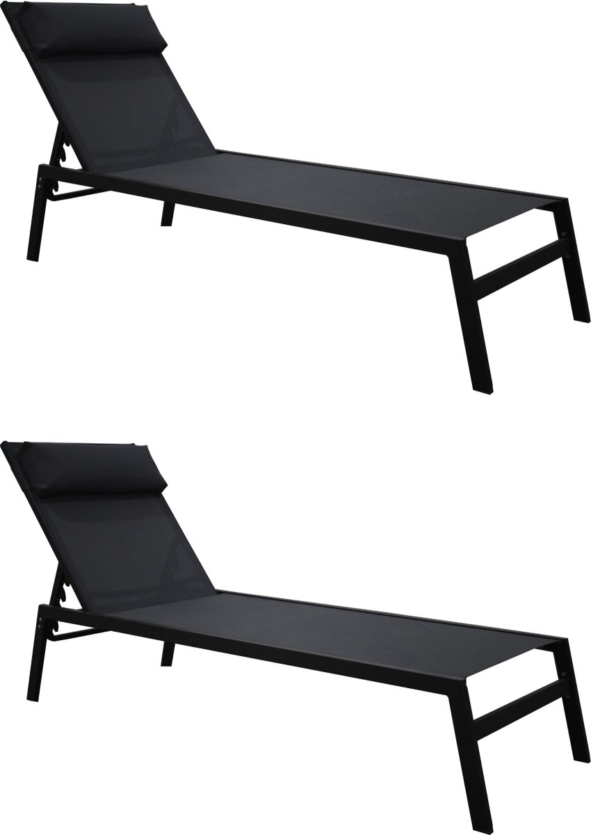 NATERIAAL - Set van 2 ligstoelen RIBA - 2 tuinstoelen - Hoofdsteun - Belastbaar tot 100 kg - 199x61x32 cm - Met geïntegreerde kussens - Ligstoelen met onderlegger - Staal - Textilene - Antraciet
