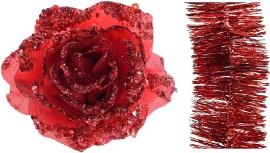 Kerstversiering kunststof glitter bloemen op clip 14 cm en folieslingers pakket kerst rood van 5x stuks - Kerstboomversiering