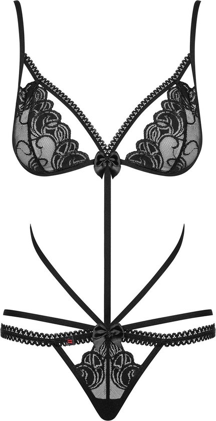 Ensemble de lingerie noire en dentelle avec nœuds, lanières et finition en dentelle.