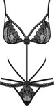Ensemble de lingerie noire en dentelle avec nœuds, lanières et finition en dentelle.