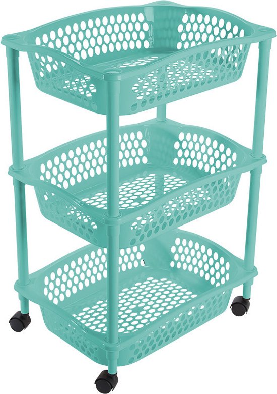 Foto: Keuken kamer opberg trolleys roltafels met 3 manden 62 x 41 cm turquoise blauw etagewagentje met opbergkratten