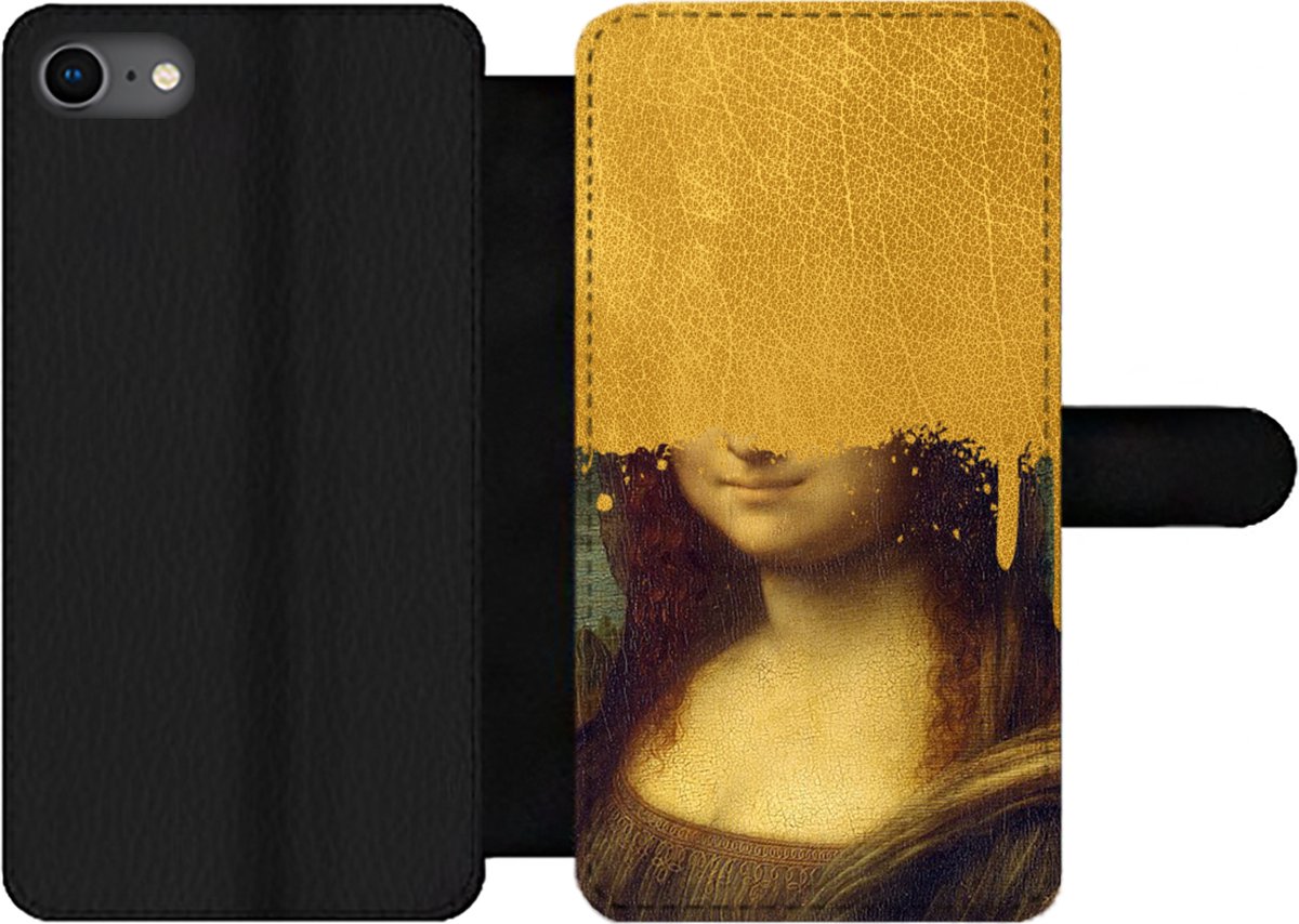 Telefoonhoesje Geschikt voor iPhone 7 telefoonhoesje - Mona Lisa - Da Vinci - Goud - Met vakjes - Wallet case met magneetsluiting