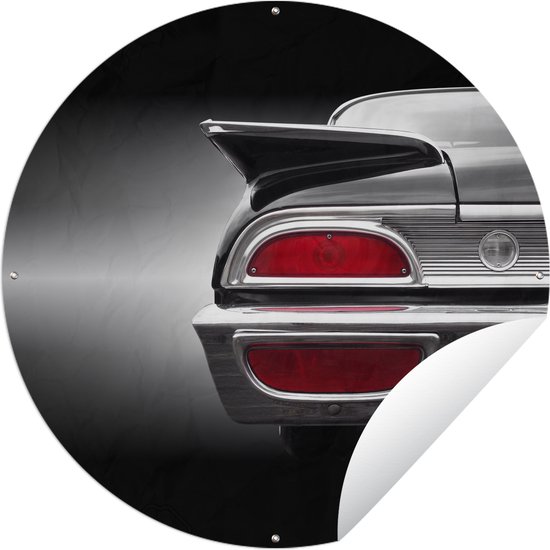 Tuincirkel Oldtimer - Cadillac - Achterlicht - Bumper - Achterkant van grijze klassieke Amerikaanse auto - 60x60 cm - Ronde Tuinposter - Buiten