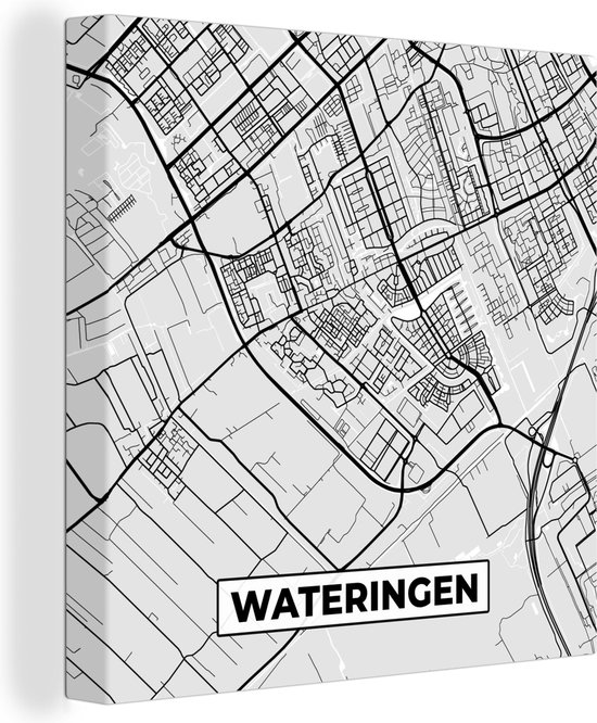 Canvas Schilderij Wateringen - Stadskaart - Zwart Wit - Plattegrond - Nederland - Kaart - 50x50 cm - Wanddecoratie