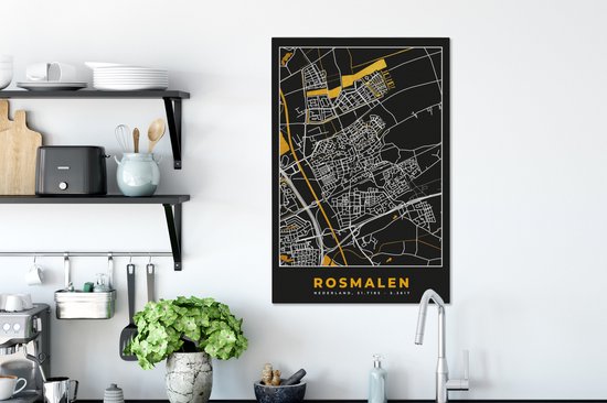 Carte noire de Rosmalen avec des accents dorés sur les routes et voies navigables, dans un environnement de cuisine.