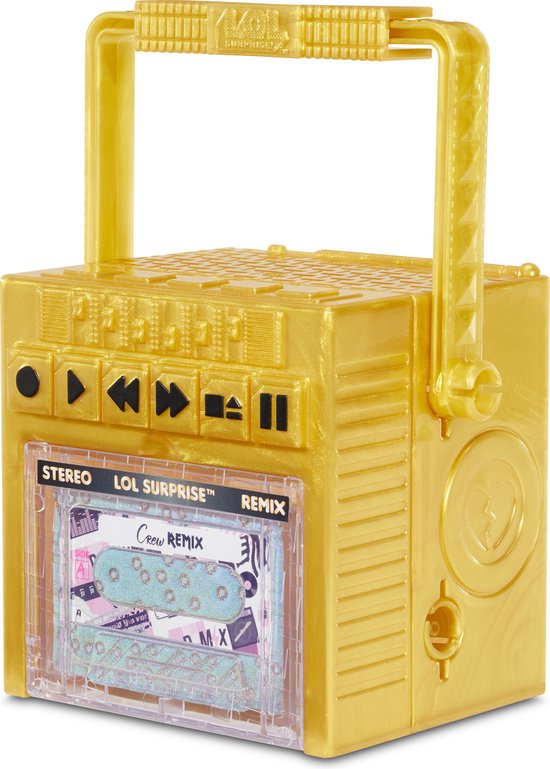 Gouden L.O.L. Surprise! Remix boombox met cassettebandje en speelgoed bedieningselementen.