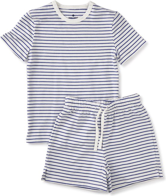 Little Label Pyjama Jongens Maat 146-152 - wit, blauw - Zachte BIO Katoen - Shortama - 2-delige zomer pyama jongens - Gestreept