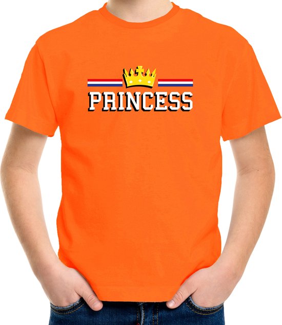 Princess met kroon t-shirt - oranje - kinderen - koningsdag / EK/WK outfit / kleding 134/140