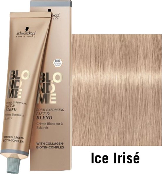 Tube en doosje Schwarzkopf Blond Me Bond Enforcing Lift & Blend, met een staal van 'Ice Irisé' haarkleur.