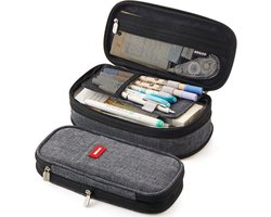 foto van LIXIN Etui - Grijs - Pennenzak voor jongens en meisjes - Canvas - Linnen - Grote capaciteit - School etui - Etui voor kinderen en volwassenen - School - Terug naar school - Back to school - Leuke telescopishe pennenhouder - Leuk etui - Gift - Cadeau